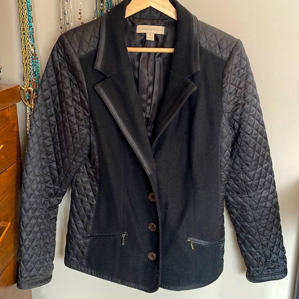 Black Laura Ashley Wool and quilted blazer, size M, silver buttons, zip pockets.